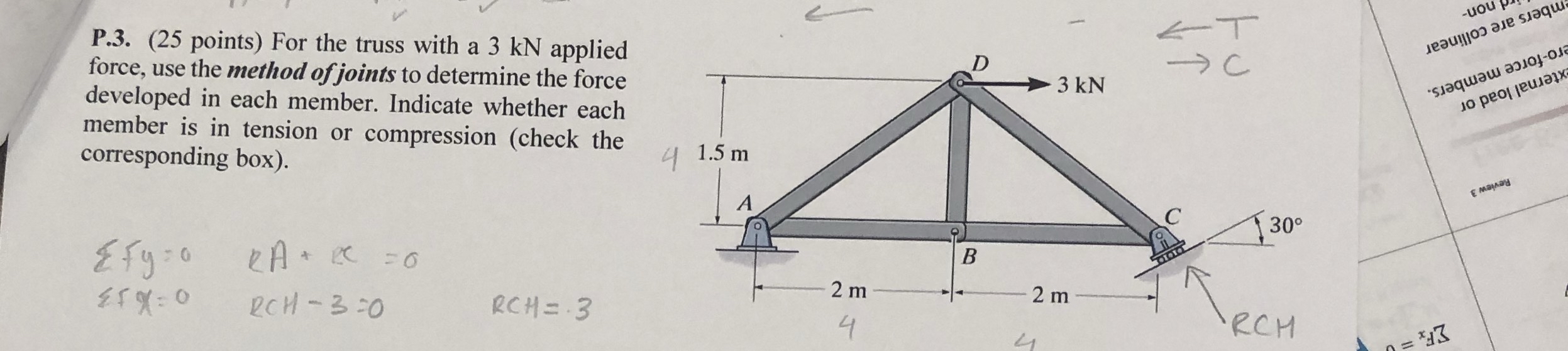 P . 3 . ( 2 5 points ) For the truss with a 3 kN