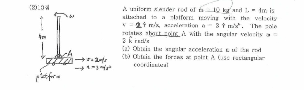 A uniform slender rod of m = 1 0 k g and L = 4 m