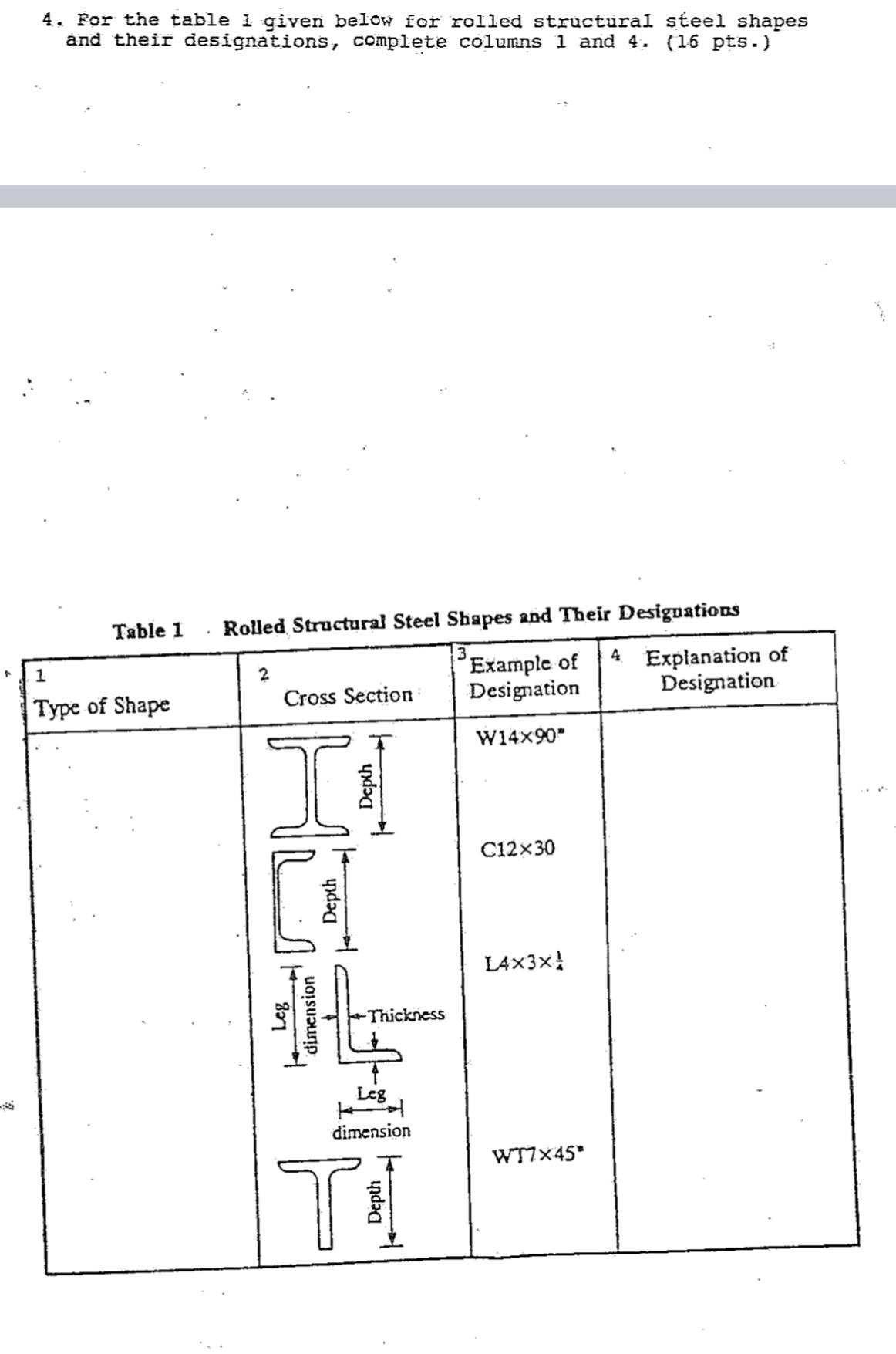 For the table 1 given below for rolled structural