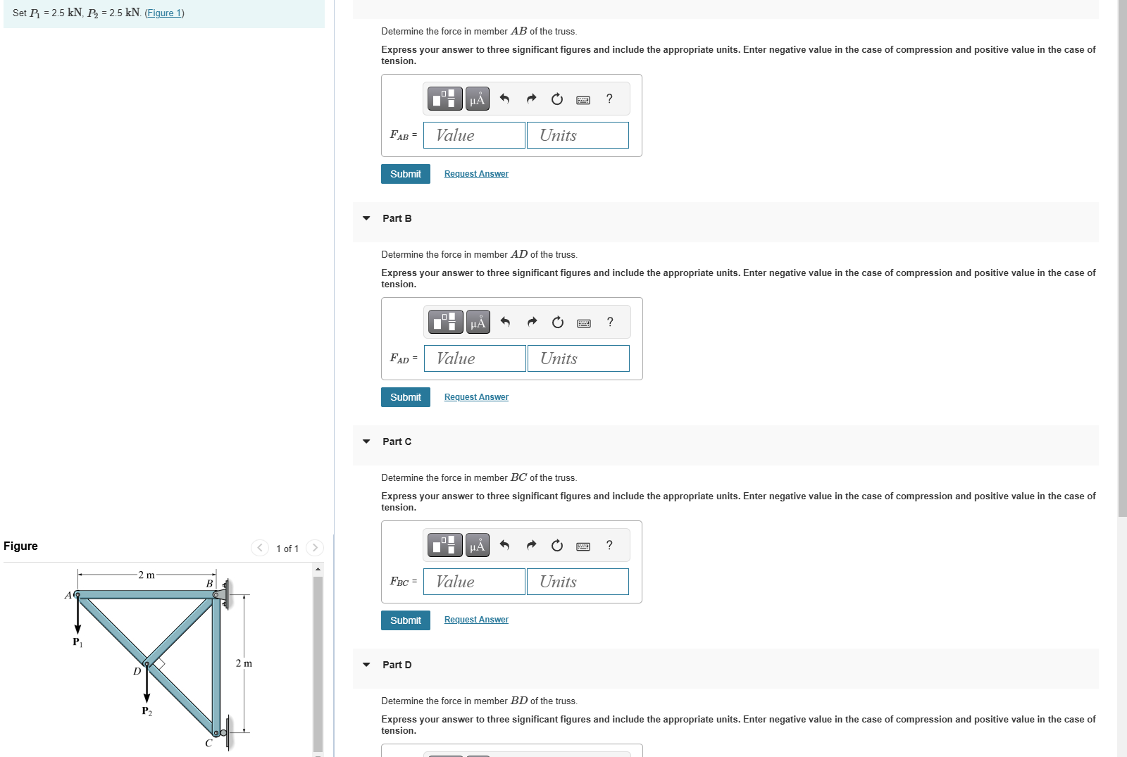 Determine the force in member \ ( A B \ ) of the