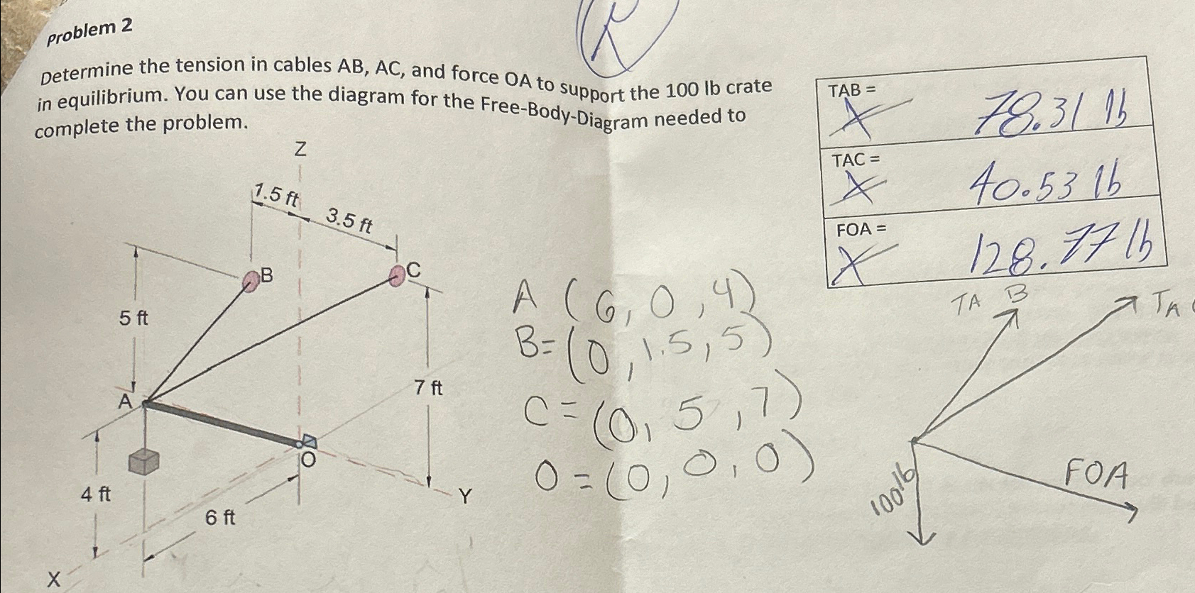 petermine the tension in cables A B , A C , and