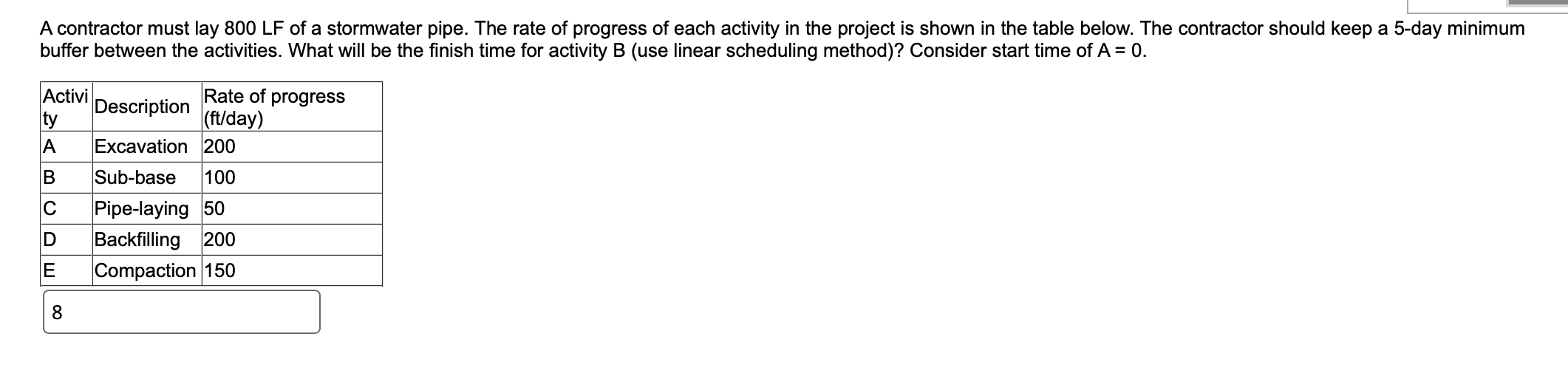 A contractor must lay 8 0 0 L F of a stormwater