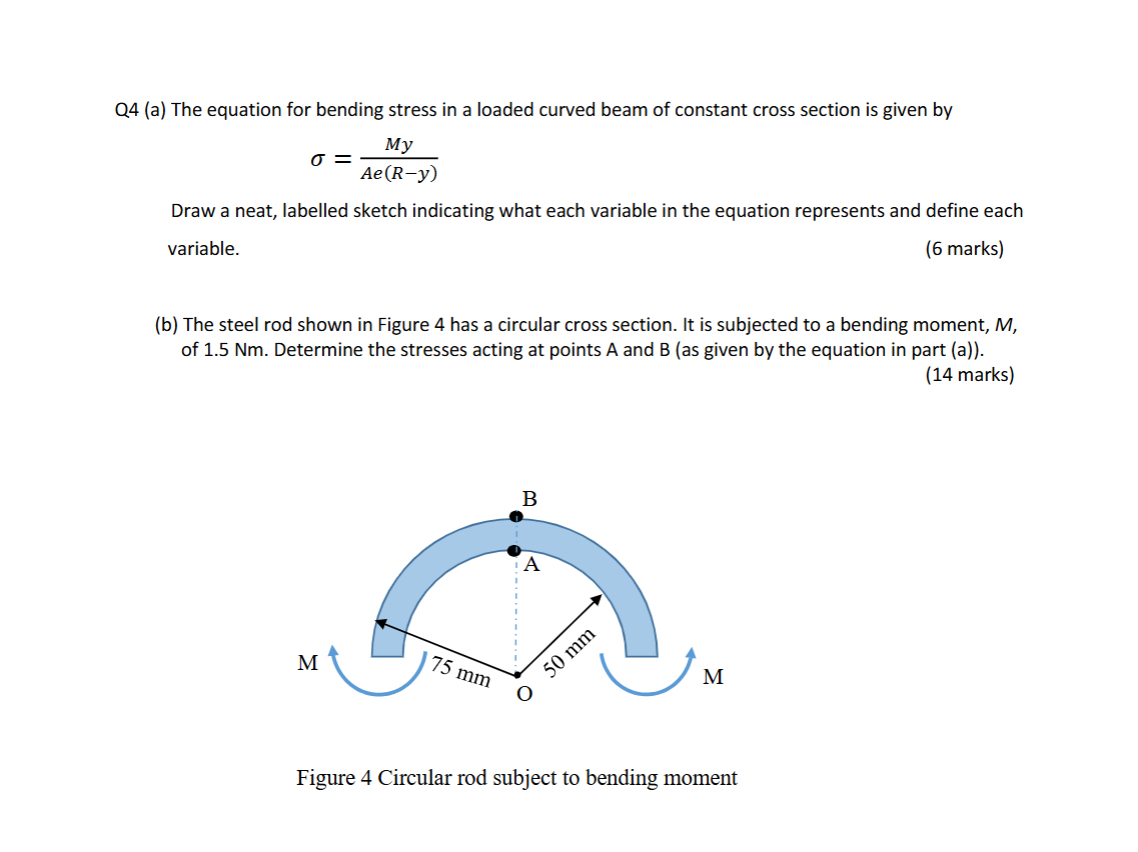 Q 4 ( a ) The equation for bending stress in a