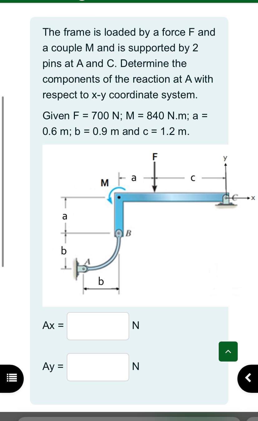 The frame is loaded by a force F and a couple M