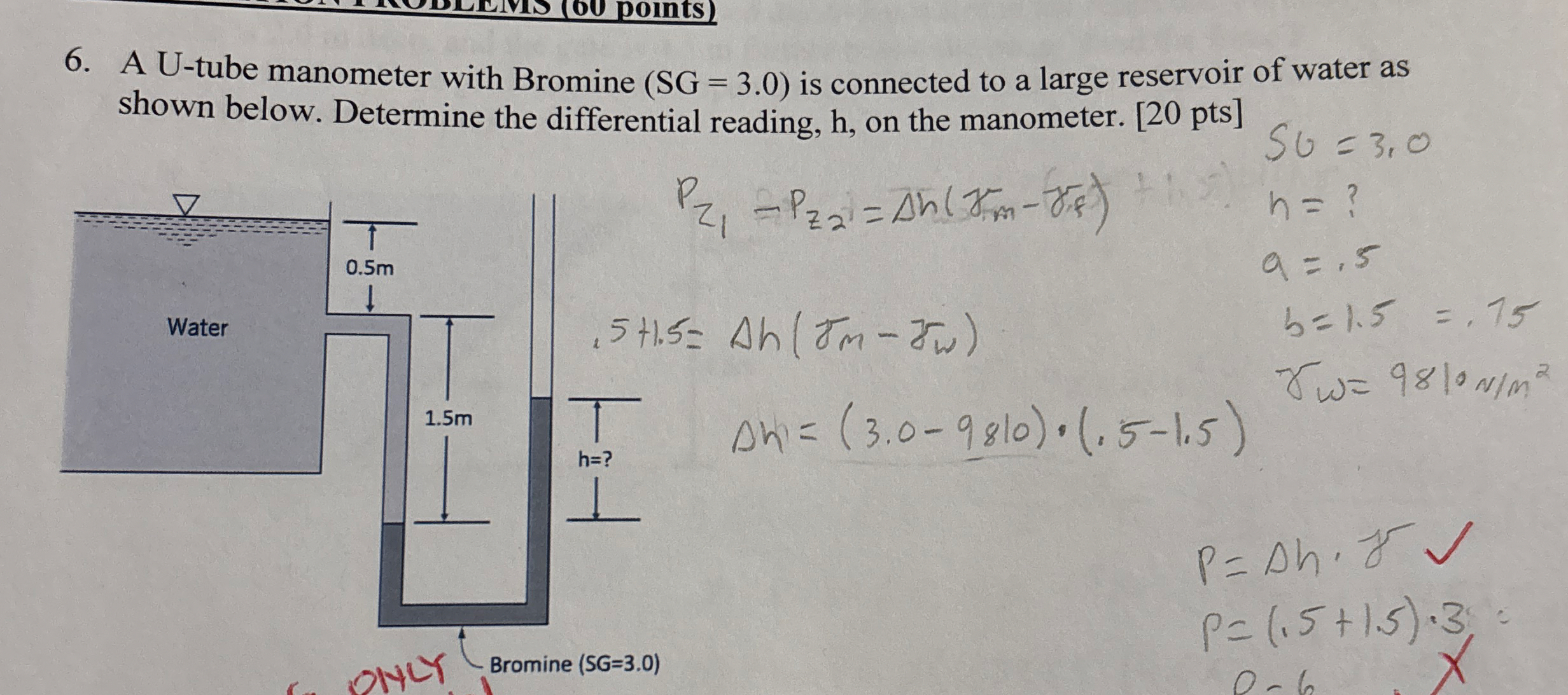 A U - tube manometer with Bromine ( S G = 3 . 0 )
