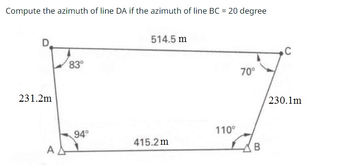Compute the azimuth of line DA if the azimuth of