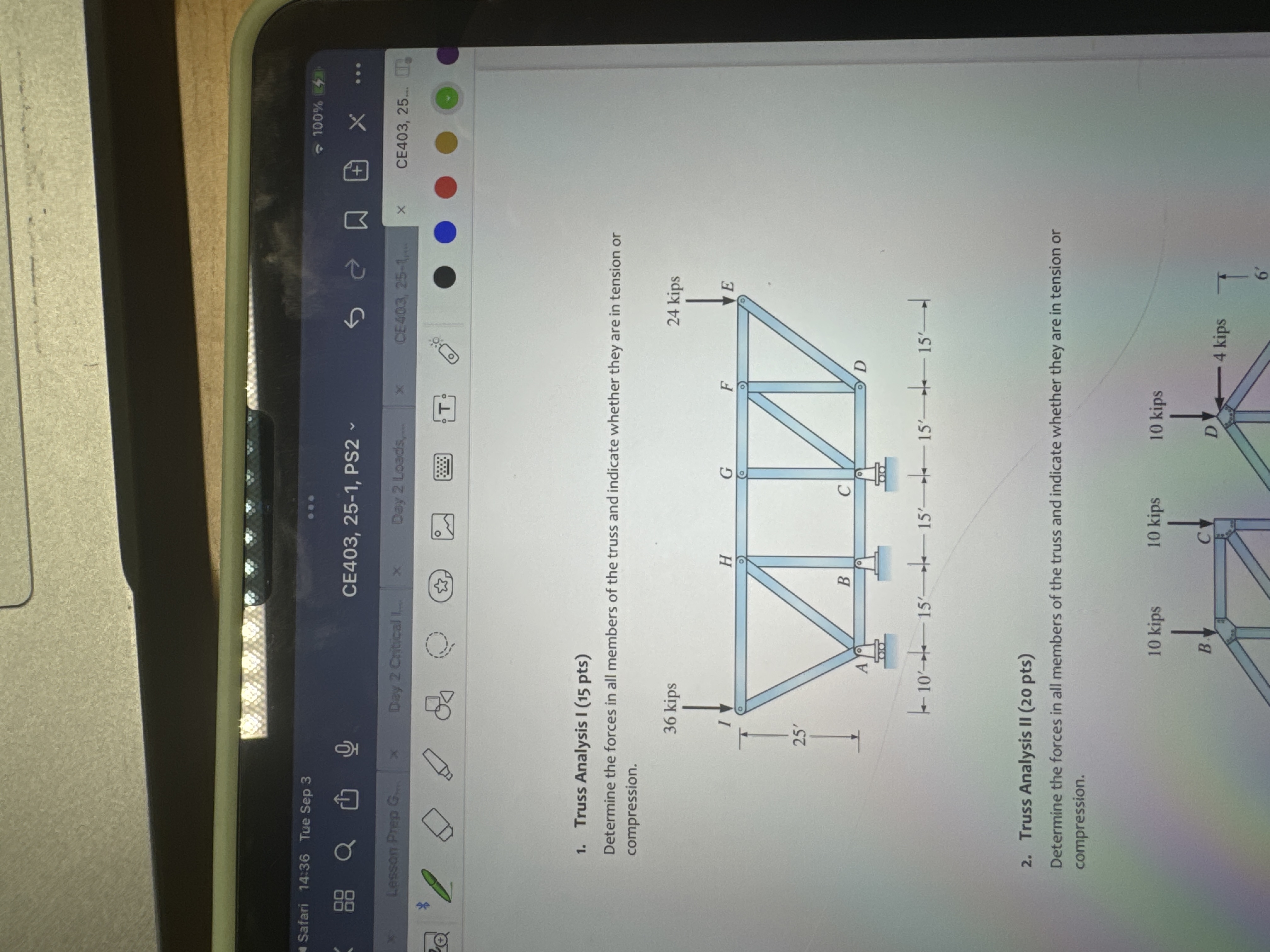 Truss Analysis I ( 1 5 pts ) Determine the forces