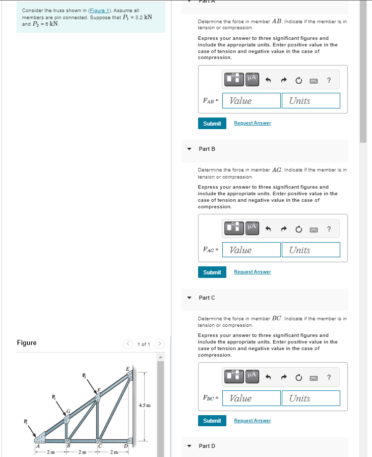 A ) Determine the force in member AB . Indicate