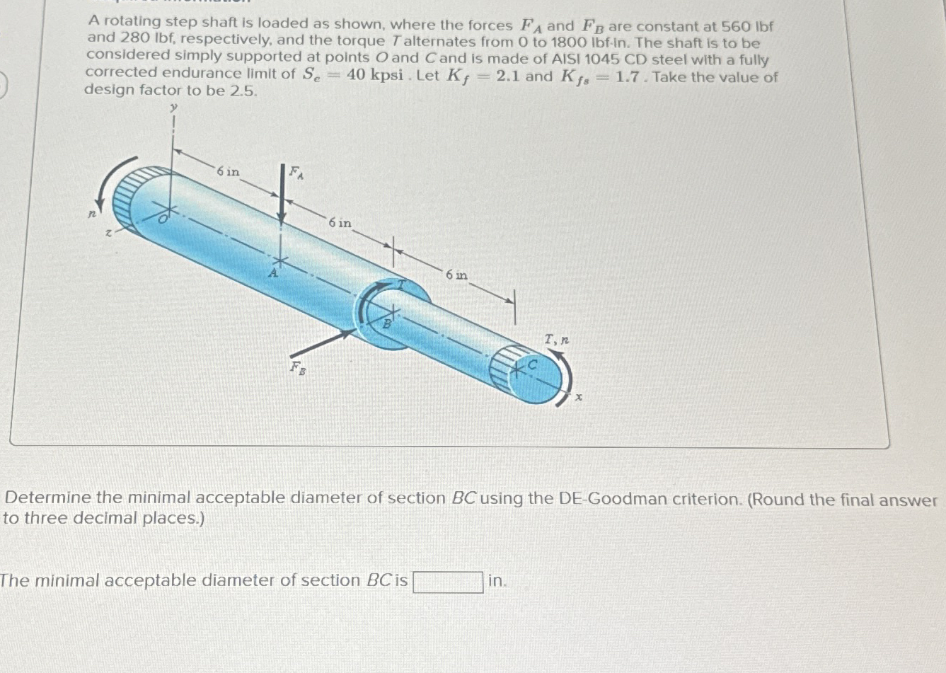 A rotating step shaft is loaded as shown, where