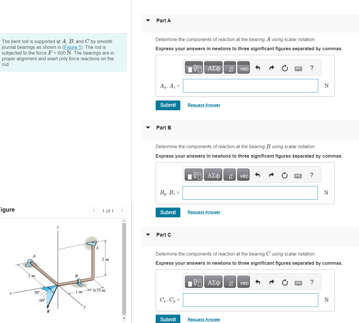 The bent rod is supported at \ ( A , B \ ) , and