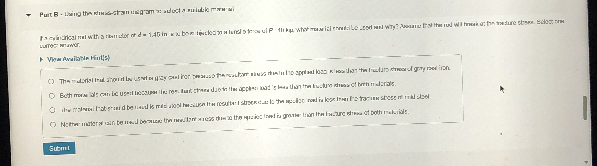 Part B - Using the stress - strain diagram to