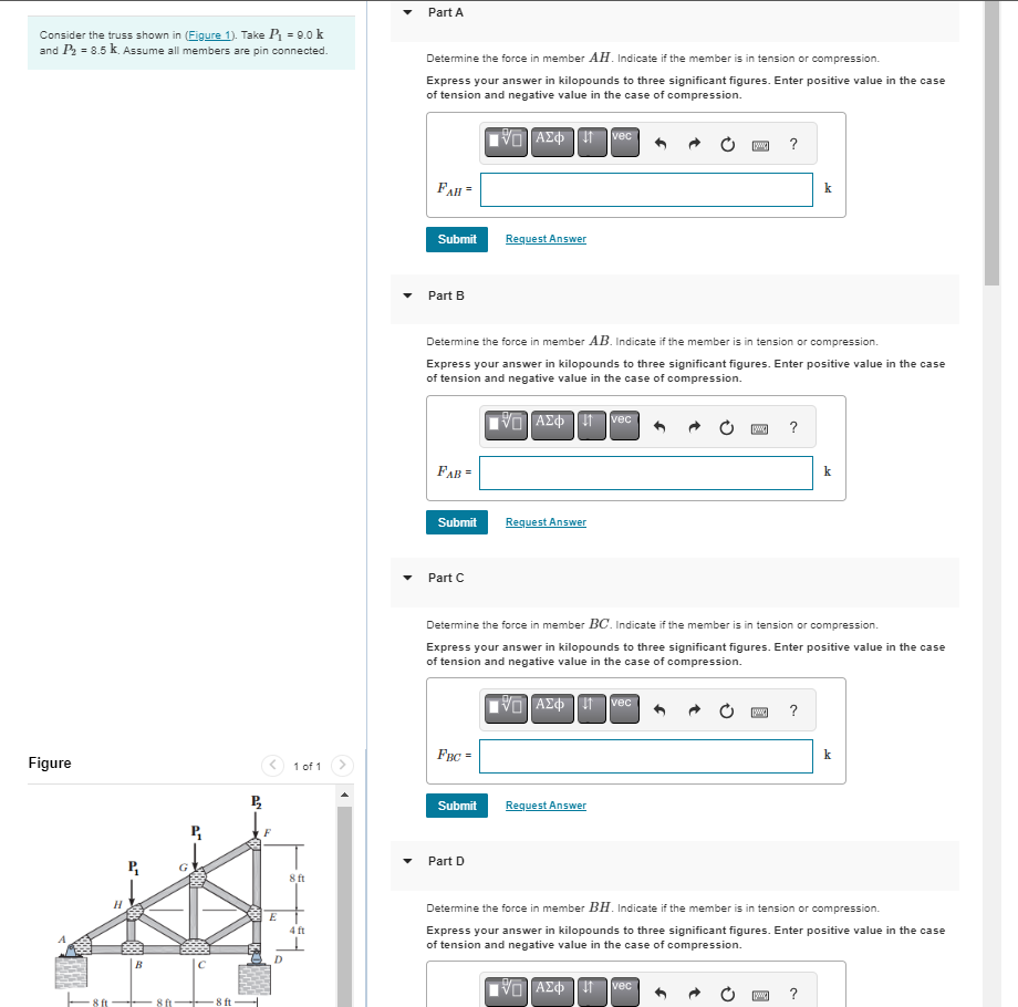 A ) Determine the force in member AH . Indicate