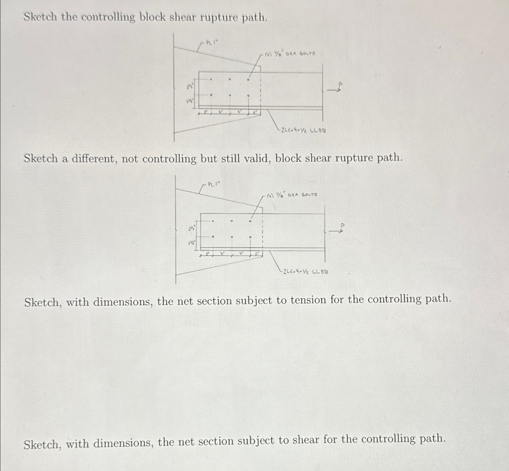 Sketch the controlling block shear rupture path.