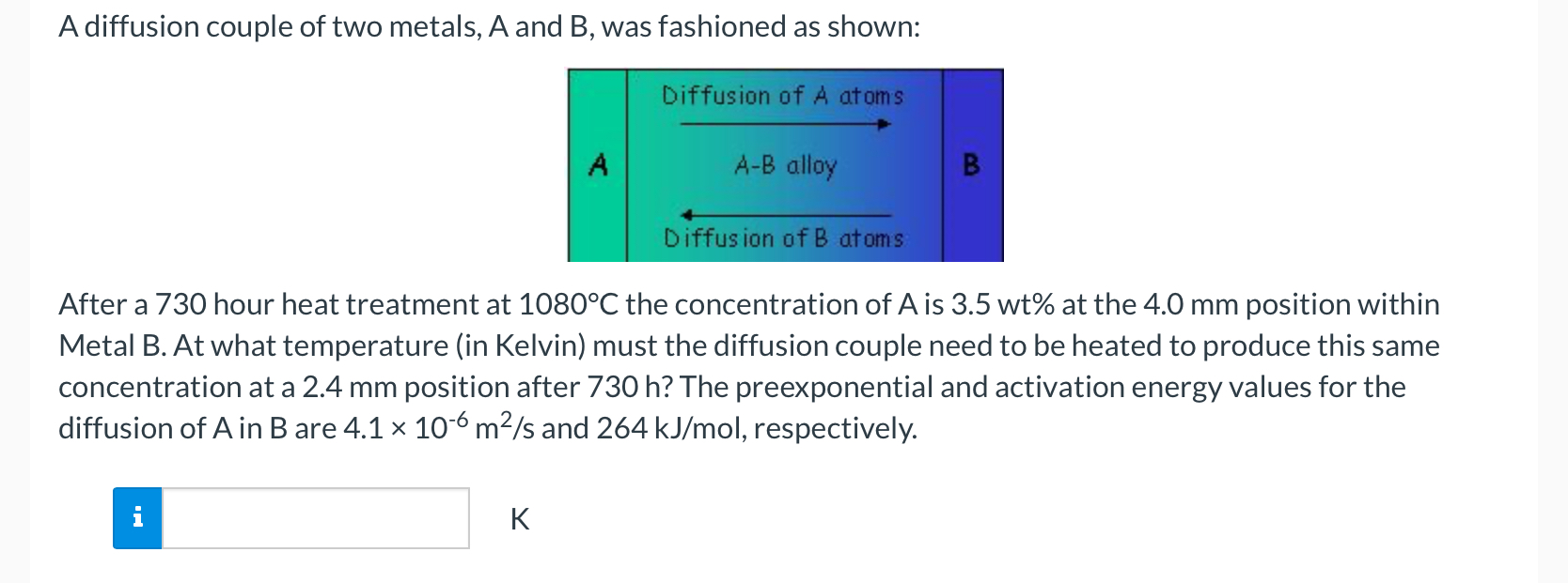 A diffusion couple of two metals, A and B , was