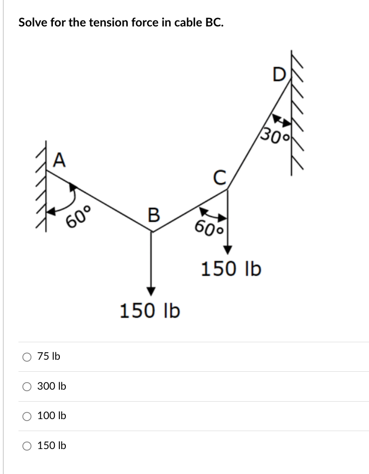 Solve for the tension force in cable BC . 7 5 l b