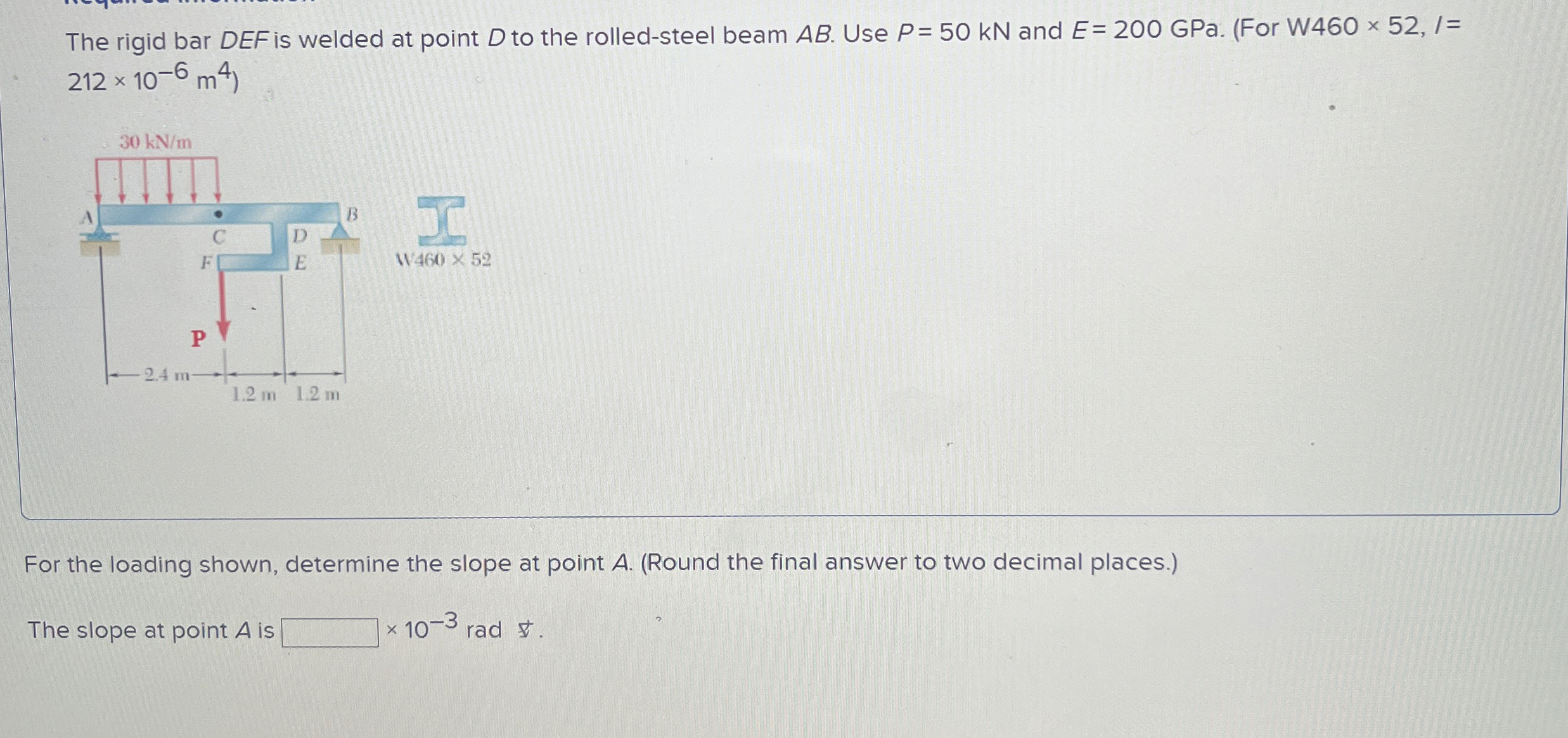 The rigid bar DEF is welded at point D to the