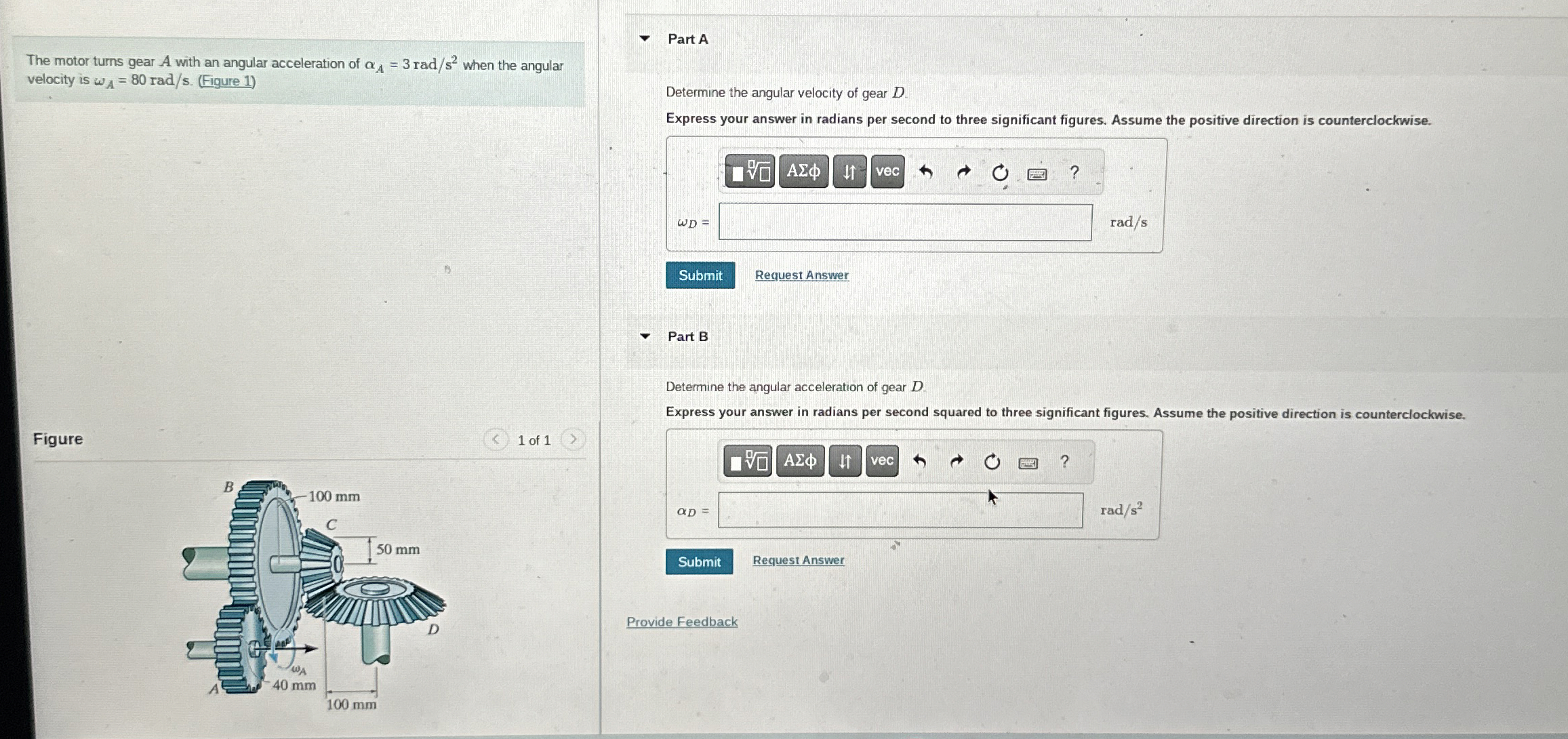 The motor turns gear A with an angular