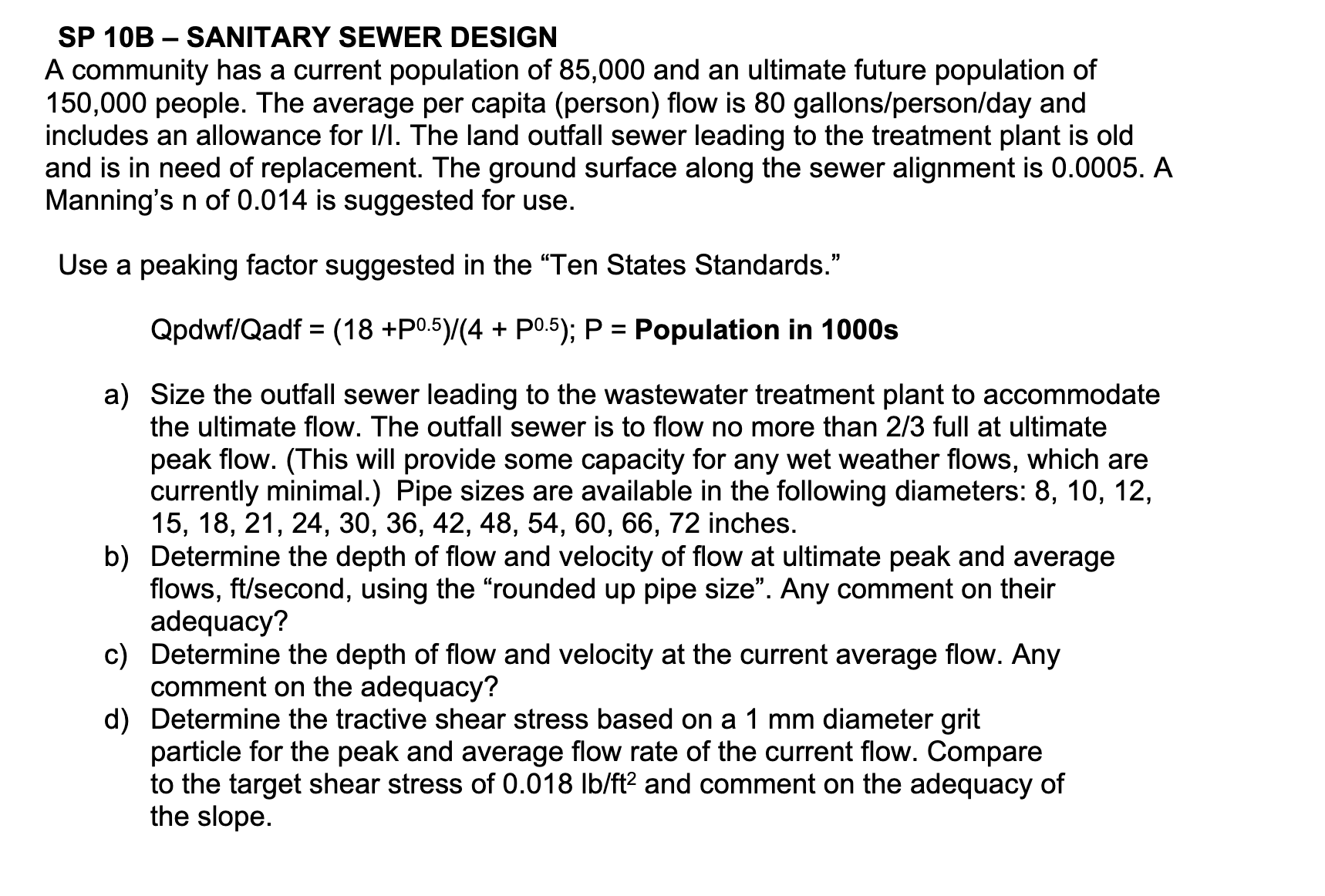 SP 1 0 B - SANITARY SEWER DESIGN A community has