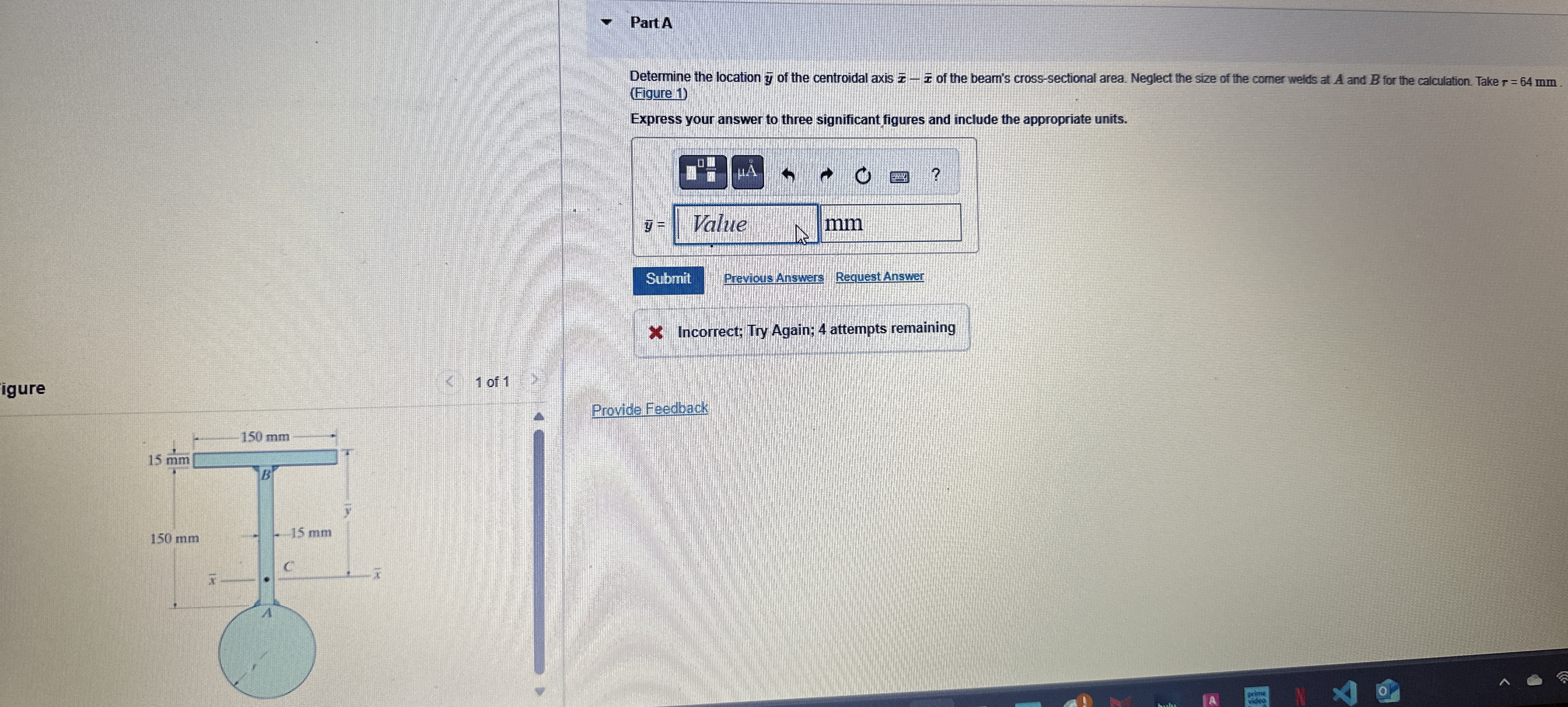 PartA Determine the location ? b a r ( y ) of the