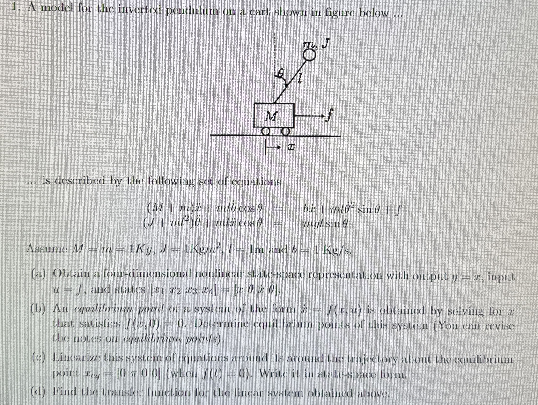 model for the inverted pendulum on a cart shown