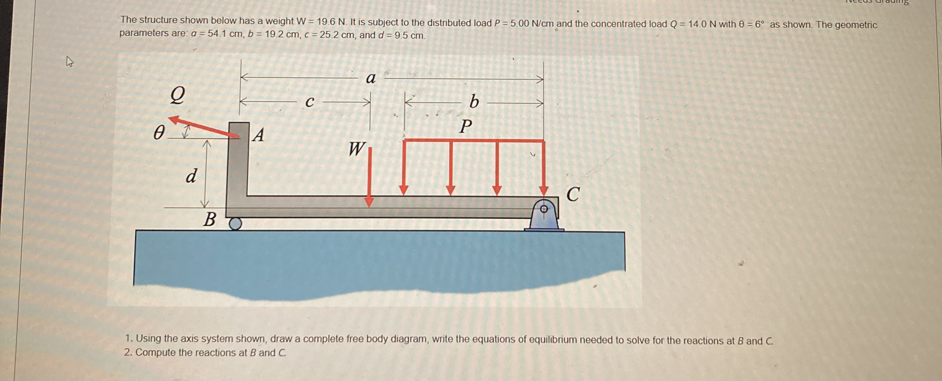 The structure shown below has a weight W = 1 9 .