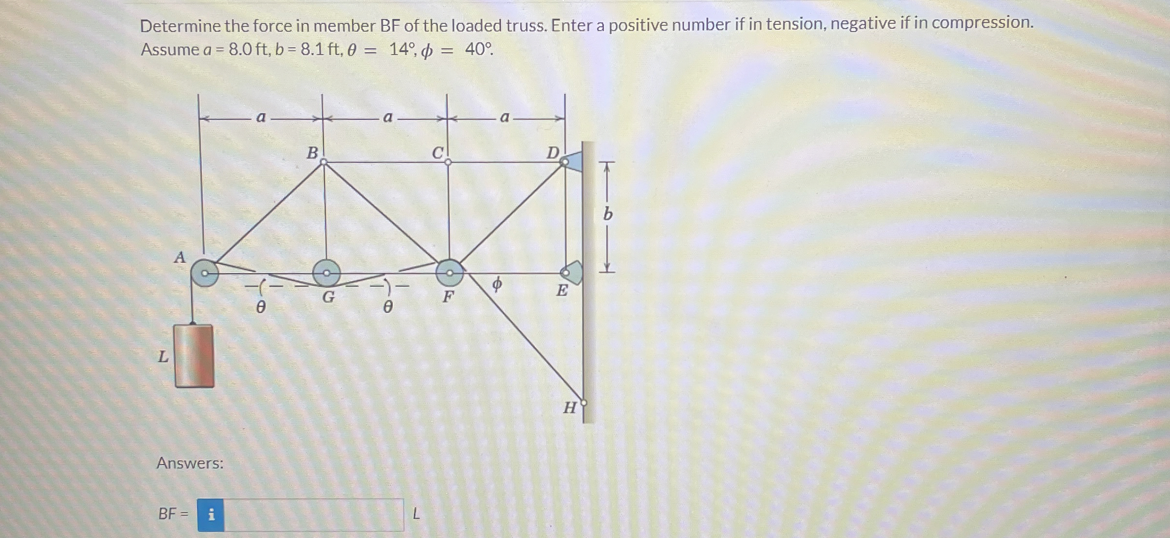 Determine the force in member BF of the loaded