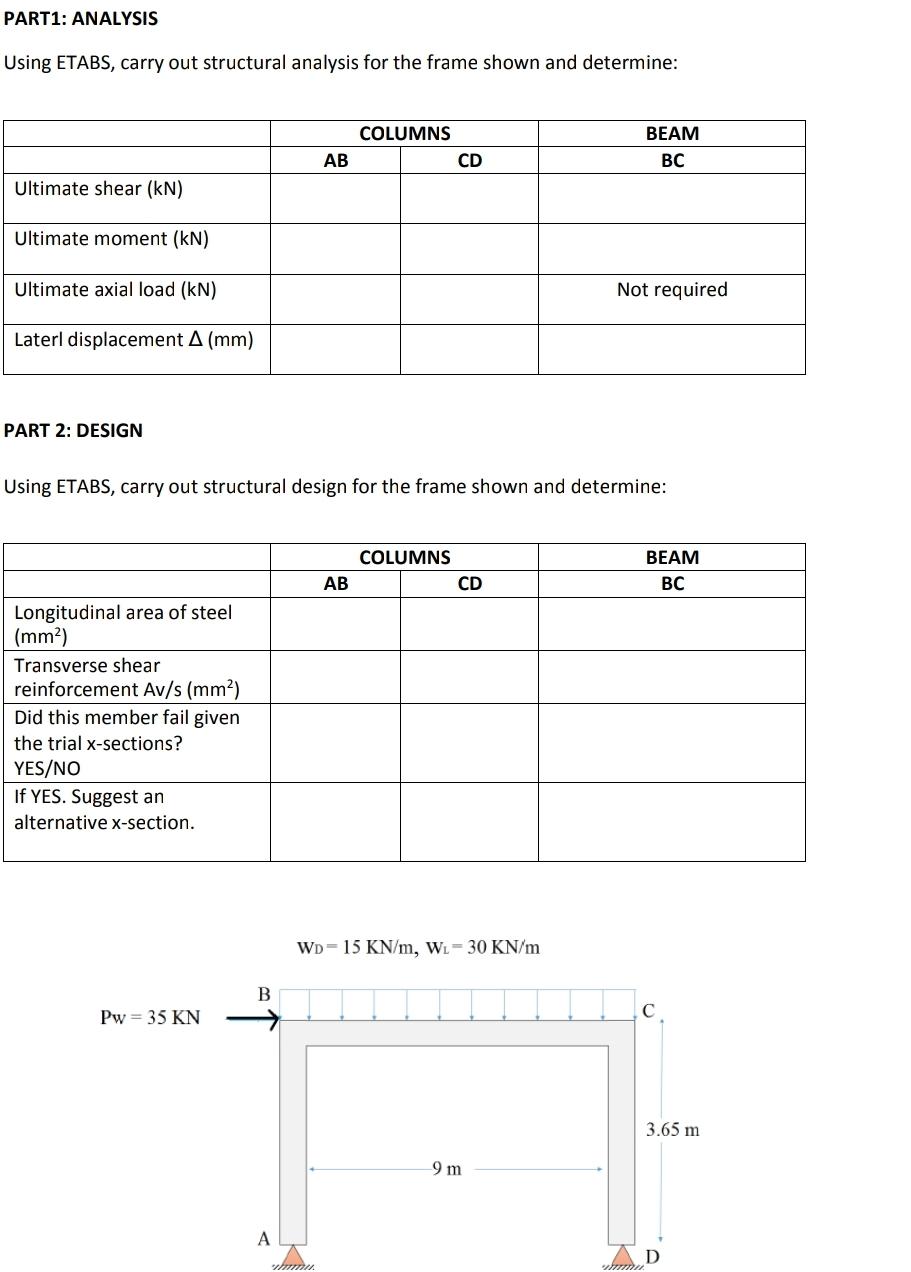 PART 1 : ANALYSIS Using ETABS, carry out