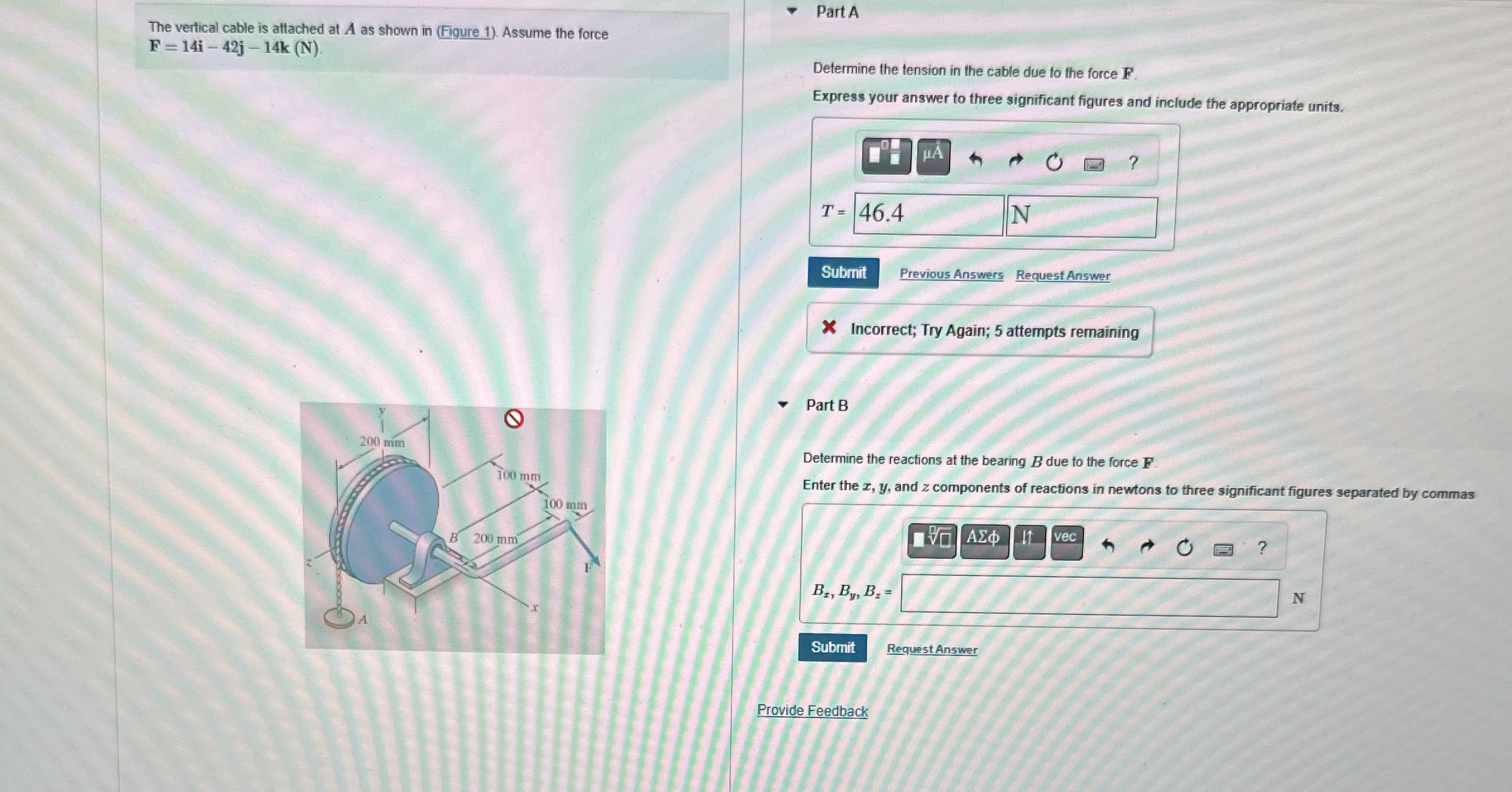 The vertical cable is attached at A as shown in (