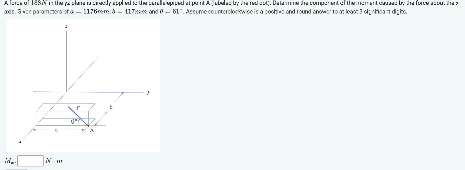 A force of 1 8 8 N in the y z - plane is directly
