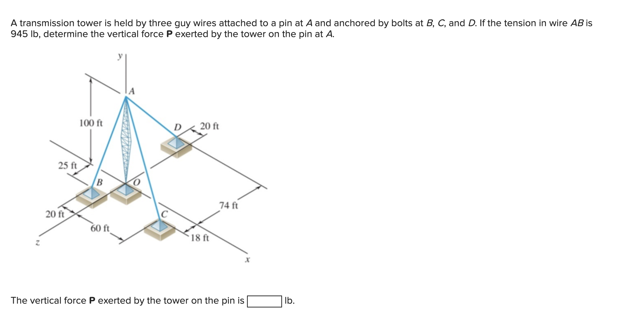 A transmission tower is held by three guy wires