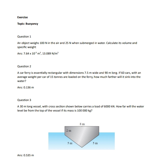 Exercise Topic: Buoyancy Question 1 An object