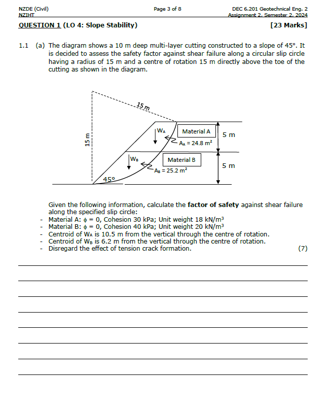 QUESTION 1 ( LO 4 : Slope Stability ) 1 . 1 ( a )
