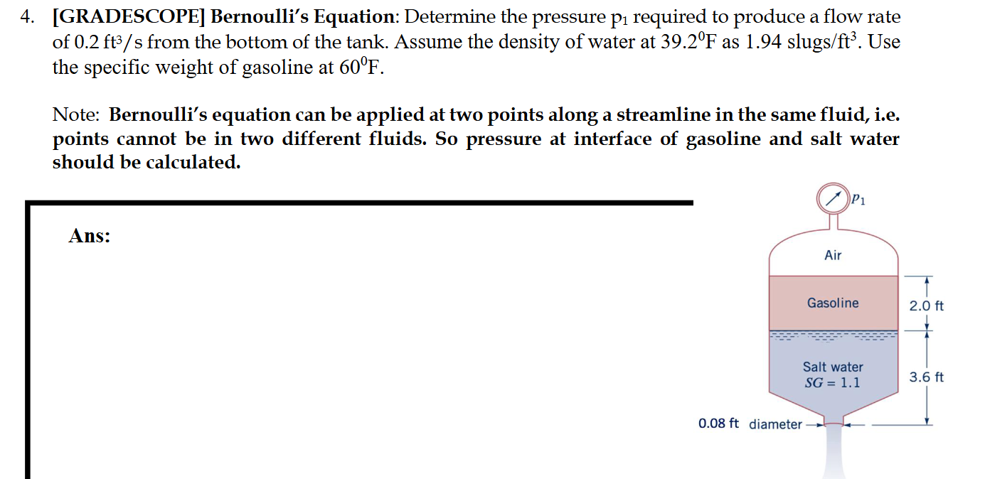 Bernoulli's Equation: Determine the pressure p 1