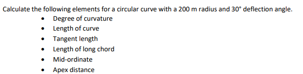 Calculate the following elements for a circular
