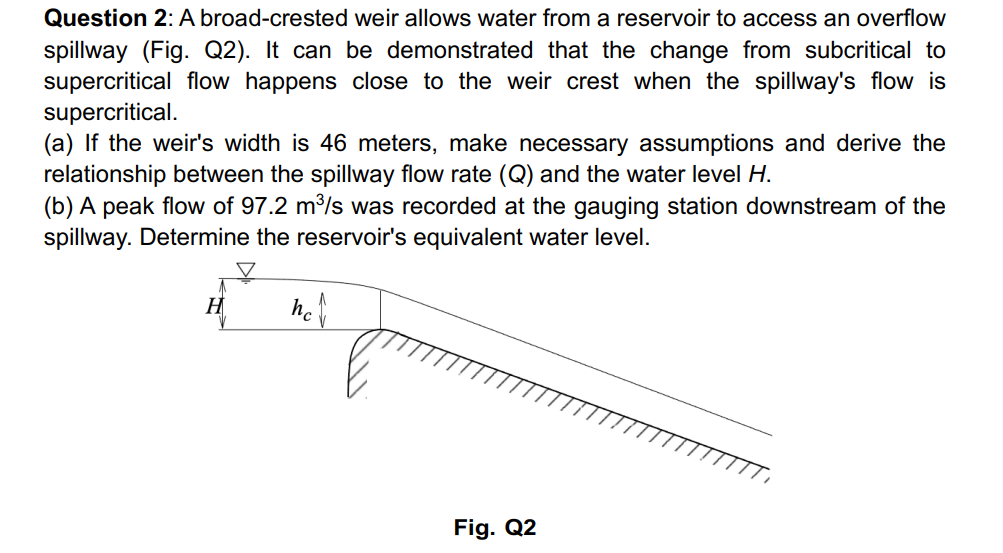 Question 2 : A broad - crested weir allows water