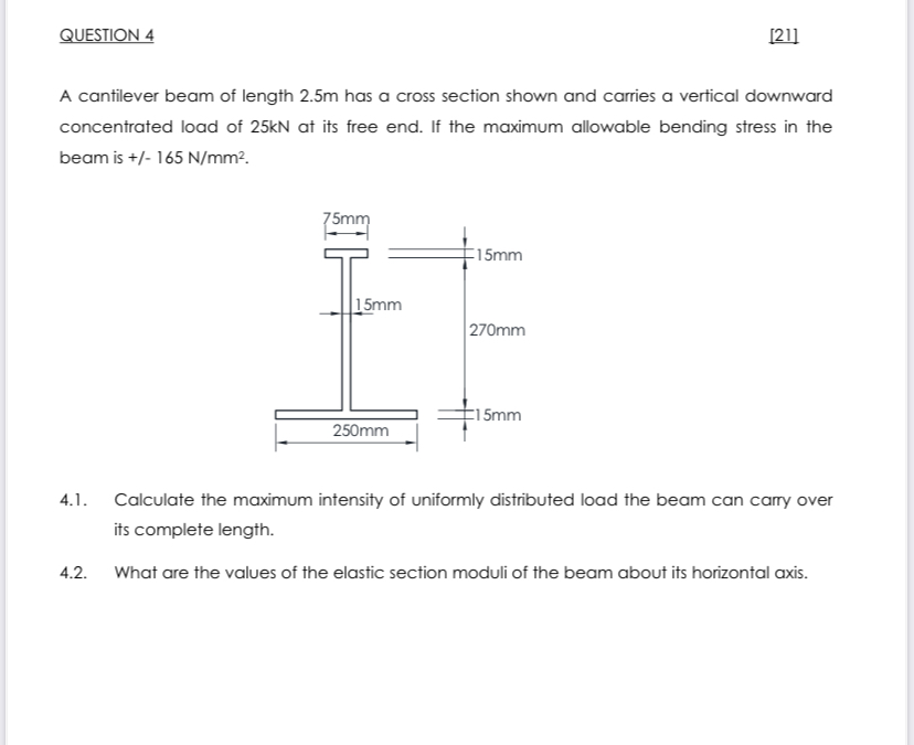 QUESTION 4 [ 2 1 ] A cantilever beam of length 2