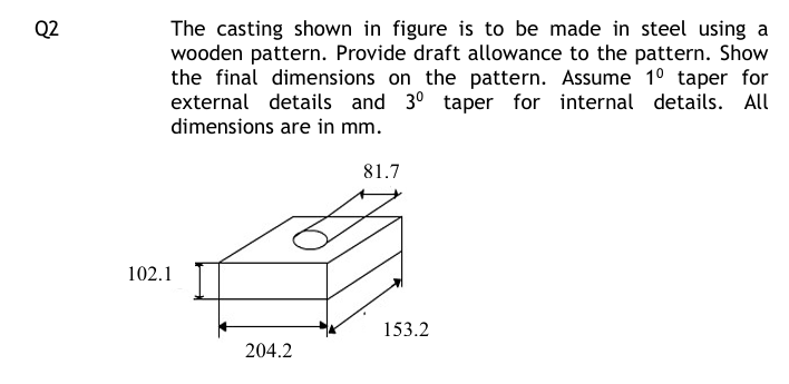 Q 2 The casting shown in figure is to be made in