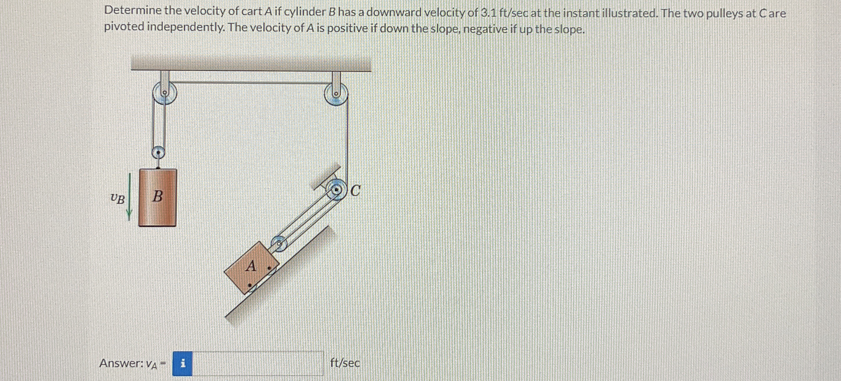 Determine the velocity of cart A if cylinder B