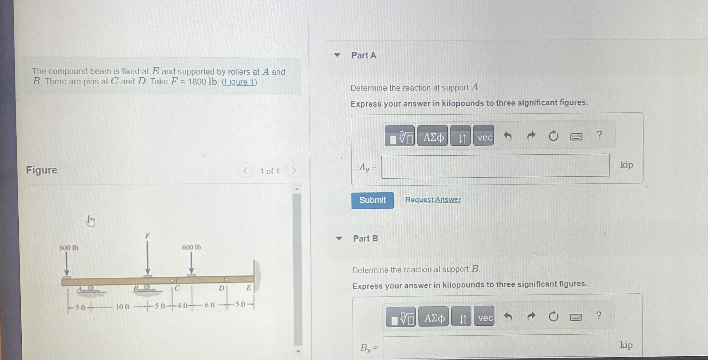 Find the reactions at points A , B , E as well as