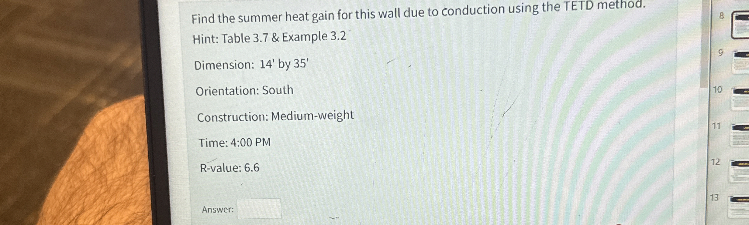 Find the summer heat gain for this wall due to