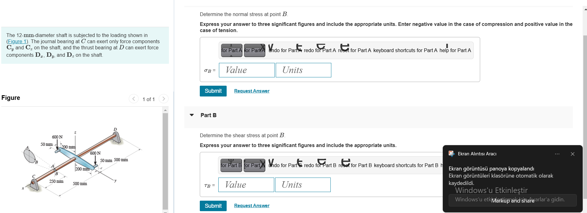 Determine the normal stress at point B . The 1 2