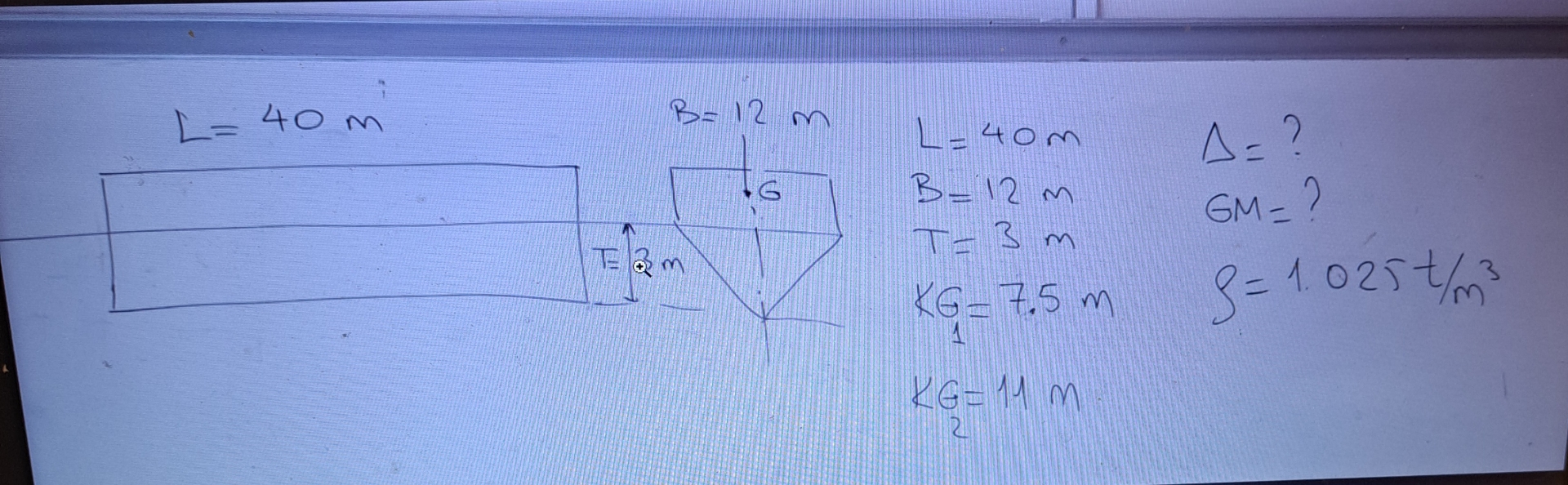 L = 4 0 m B = 1 2 m L = 4 0 m , = B = 1 2 m , G M