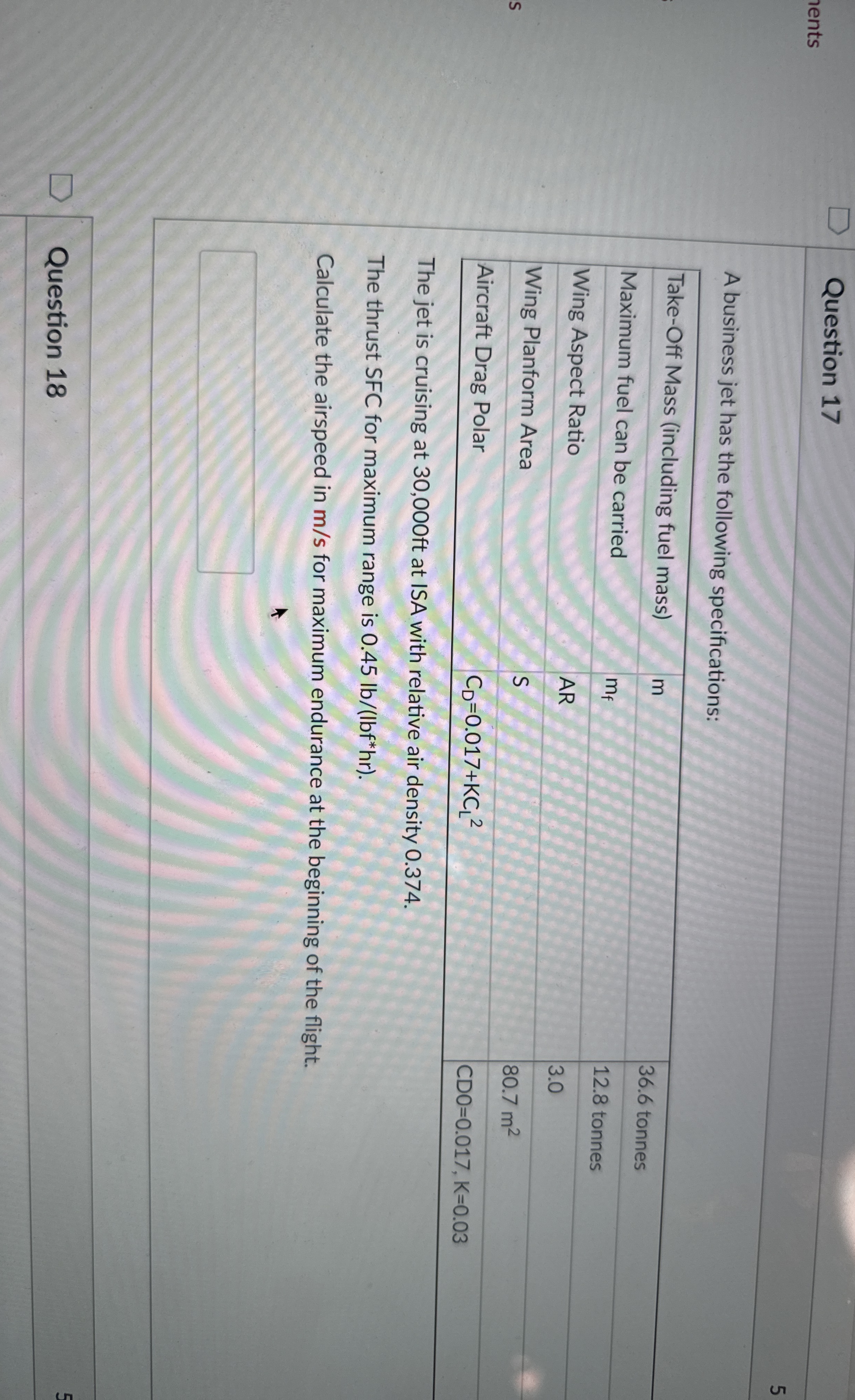 Question 1 7 A business jet has the following