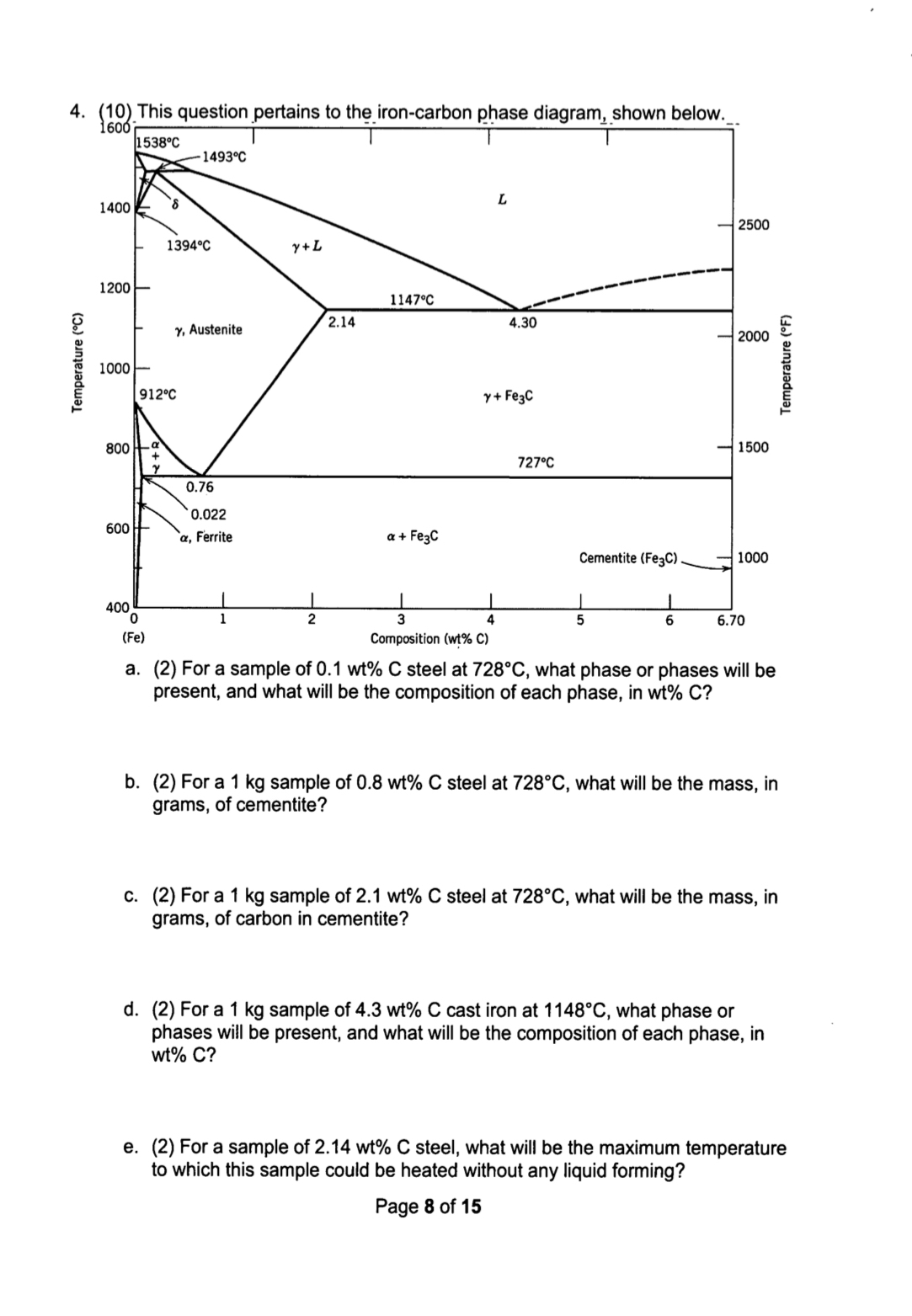a . ( 2 ) For a sample of 0 . 1 w t % C steel at