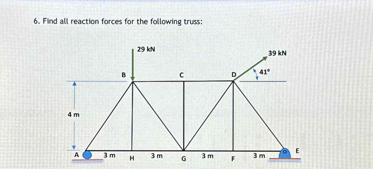 Find all reaction forces for the following truss: