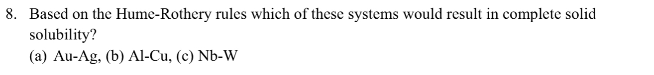 Based on the Hume - Rothery rules which of these