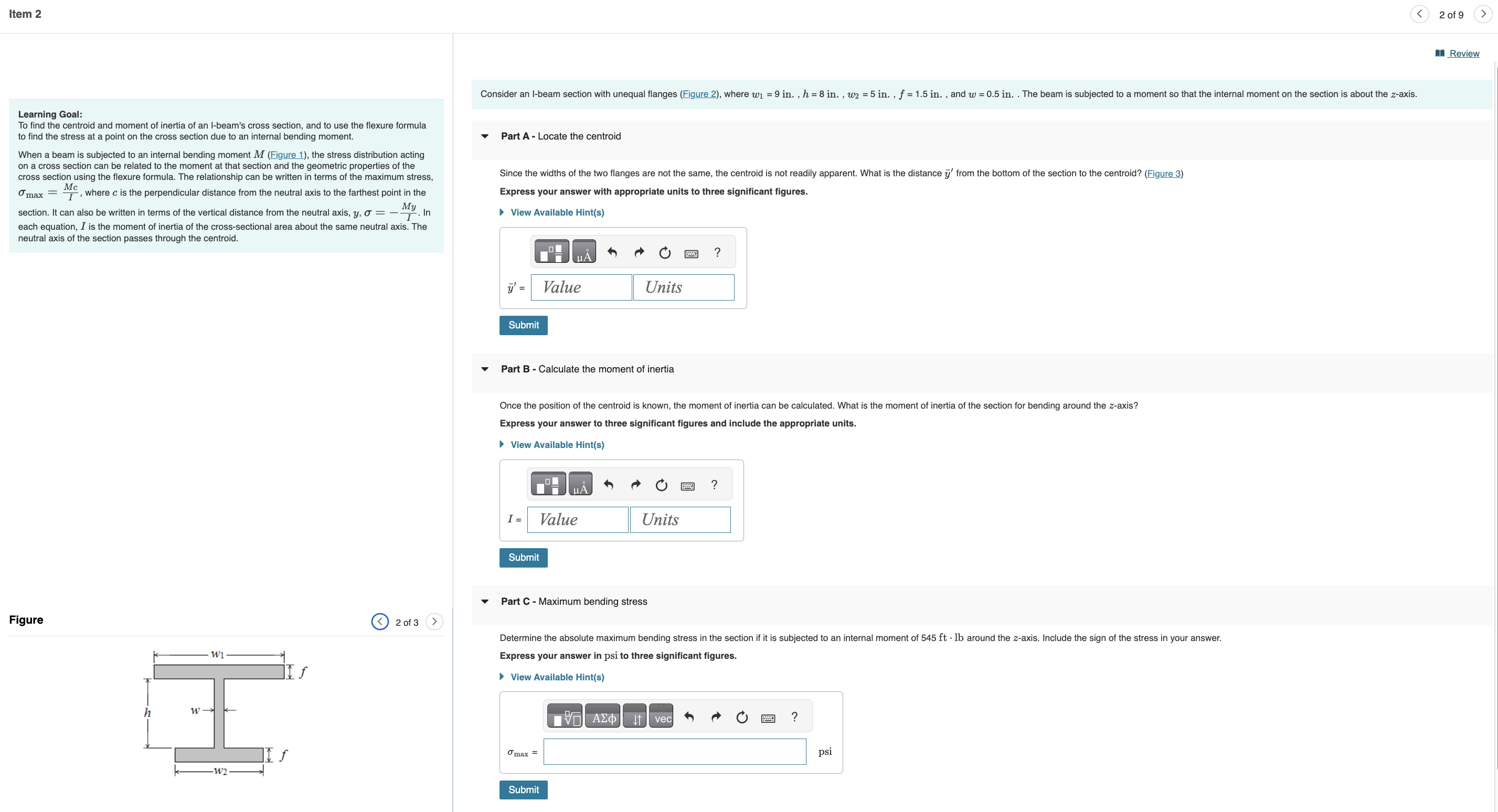 Consider an I - beam section with unequal flanges