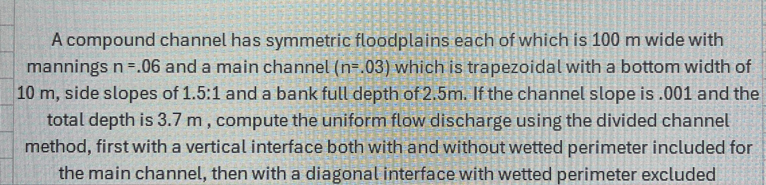 A compound channel has symmetric floodplains each