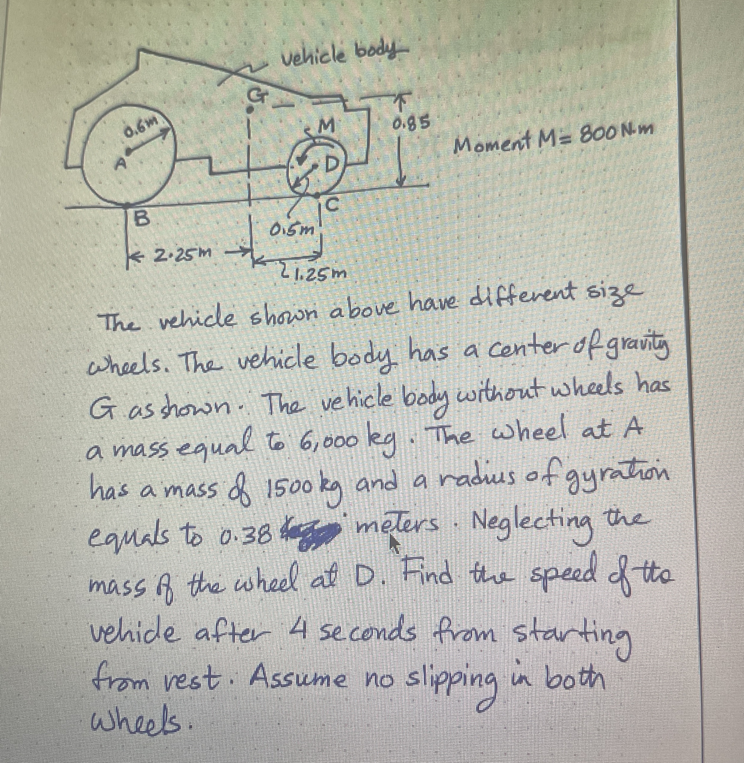 Moment M = 8 0 0 N m The vehide shown above have