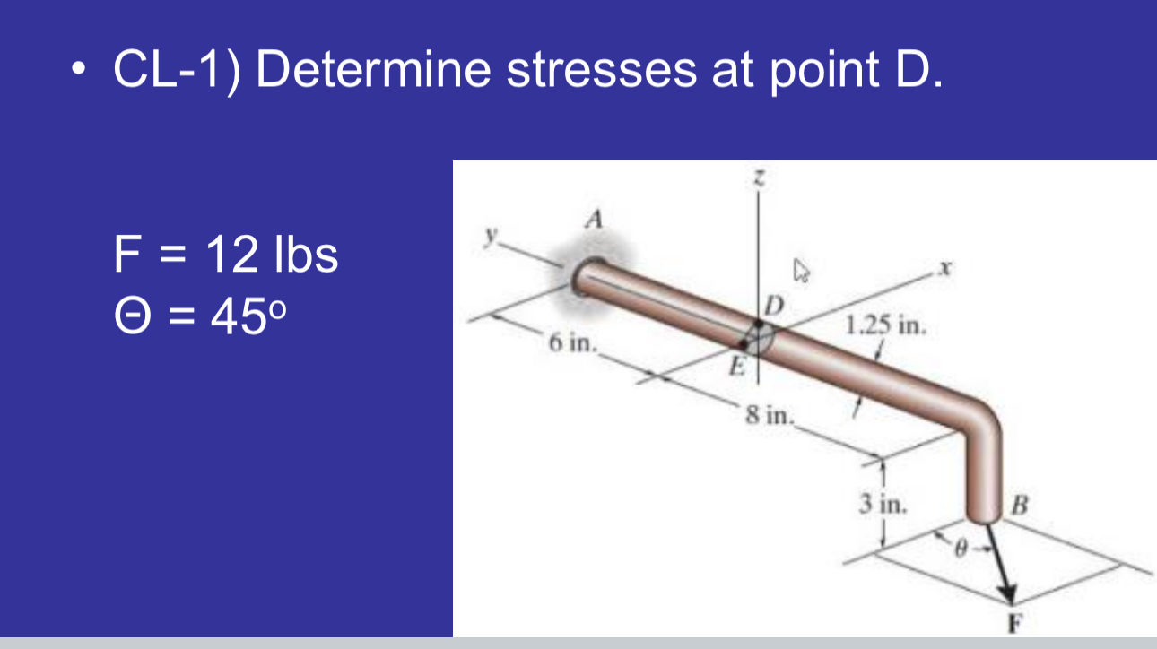 CL - 1 ) Determine stresses at point D . F = 1 2